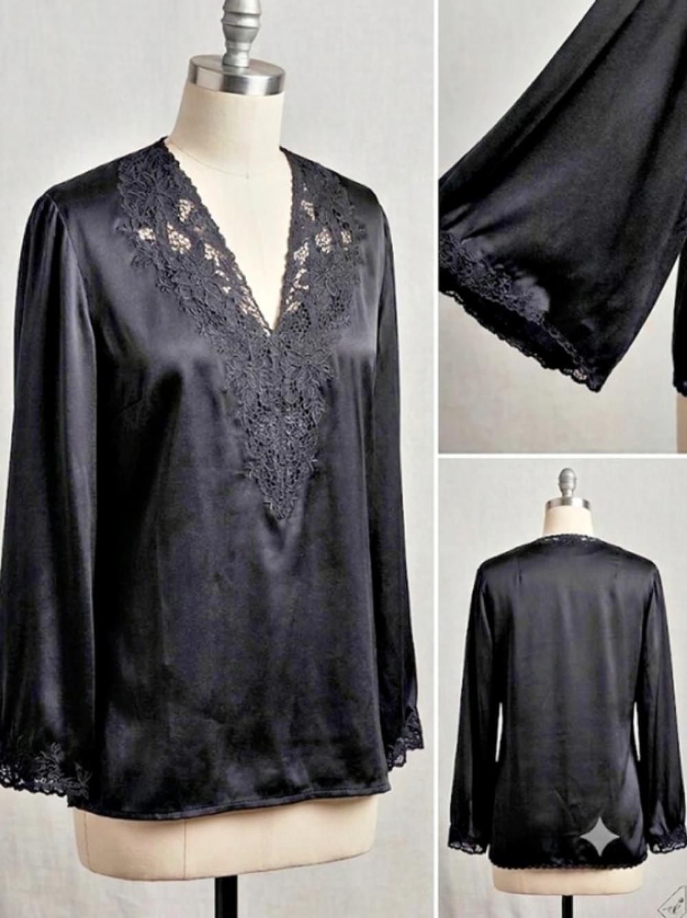 Vintage 70's 100% Silk Hand Embroidered Floral Lace Blouse (Sz S/M) Romantic Lux